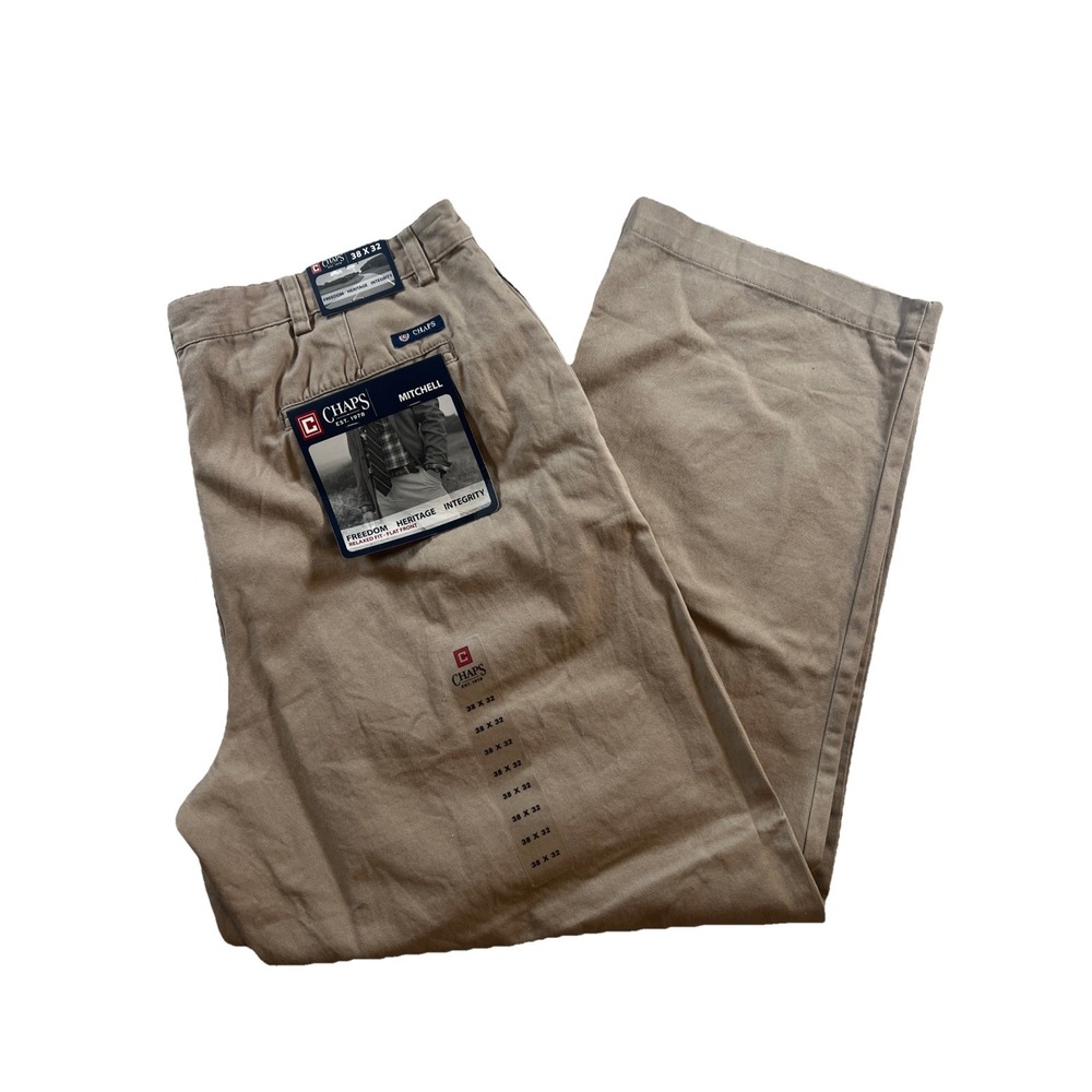 Chaps Mitchell 38 x 32 Beige Relaxed Fit Flat Front Men's Cotton Twill Pants NEW